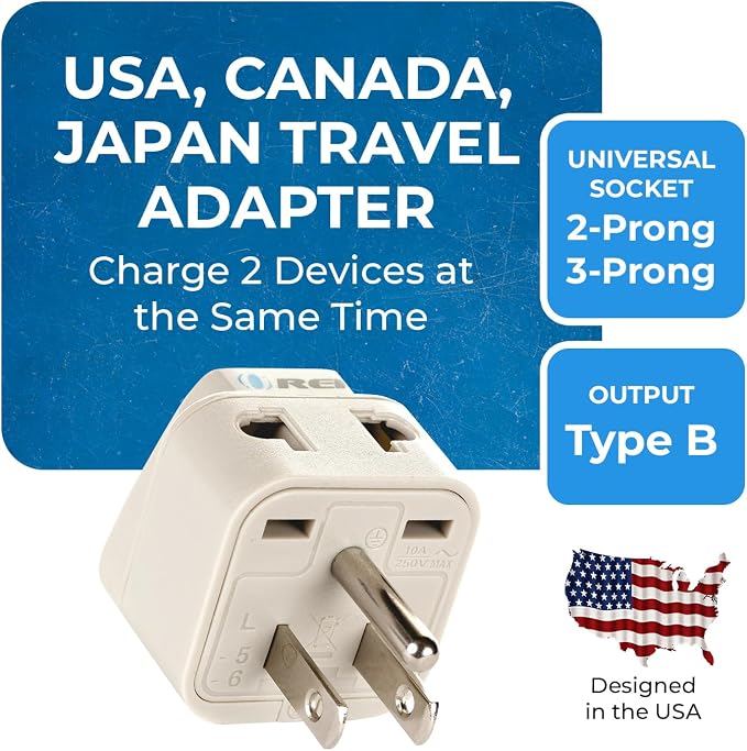 OREI USA, Japan, Philippines & More (Type B) Travel Adapter Plug - 2 in 1 - CE Certified - RoHS Compliant - 4 Pack - White Color (DB-5-4PK)