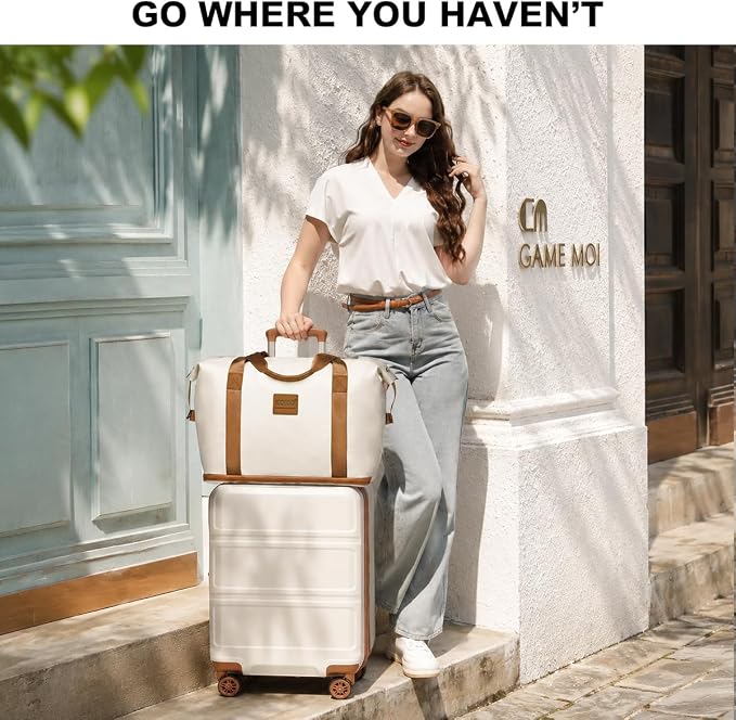 Kono Luggage Set 4 Piece Carry On Hardside Luggage with TSA Lock Spinner Wheels Lightweight PC+ABS Carry On Suitcase Cream White