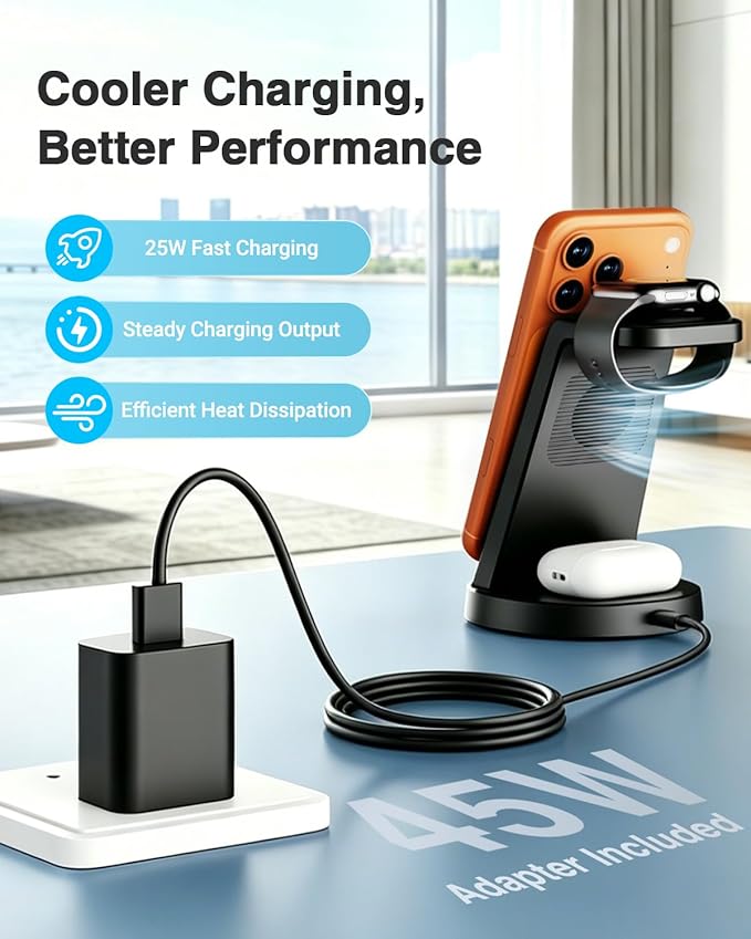 25W Magnetic 3-in-1 Wireless Charging Station for Apple Multiple Devices: Fast Charger Stand for iPhone Air 17 16 15 14 13 12 Pro Max, Apple Watch and AirPods-Perfect for Business and Travel, Black
