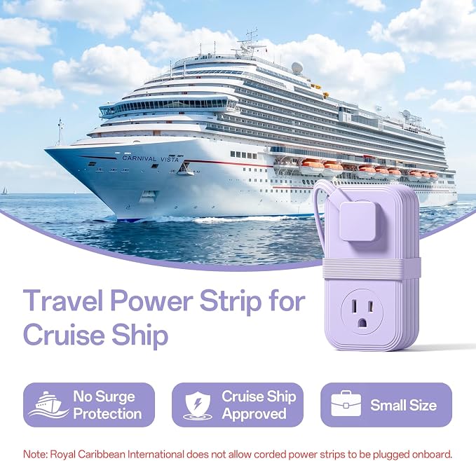 Travel Power Strip, SMALLRT 2 Pcs Extension Cord with Multiple Outlets, 3.3FT Wrapped Extension Flat Plug Power Strip with 4 AC Outlets for Travel, Hotel, Cruise Approved, No Surge Protection, Purple