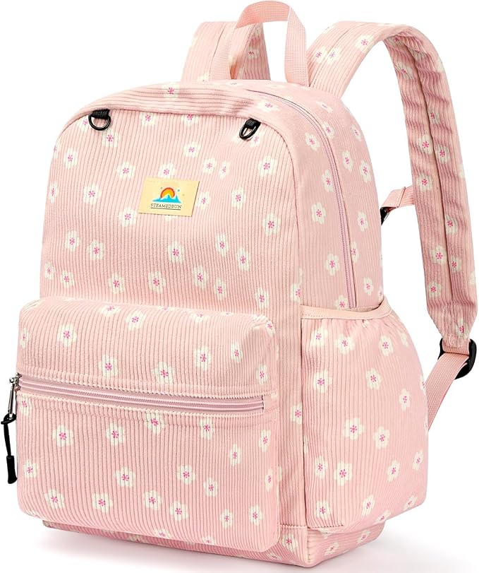STEAMEDBUN Corduroy Kids Backpack for Girls and Boys 5-8: Girls Backpack for Elementary Kindergarten - 15 inch Cute Backpacks for Kids - Sakura