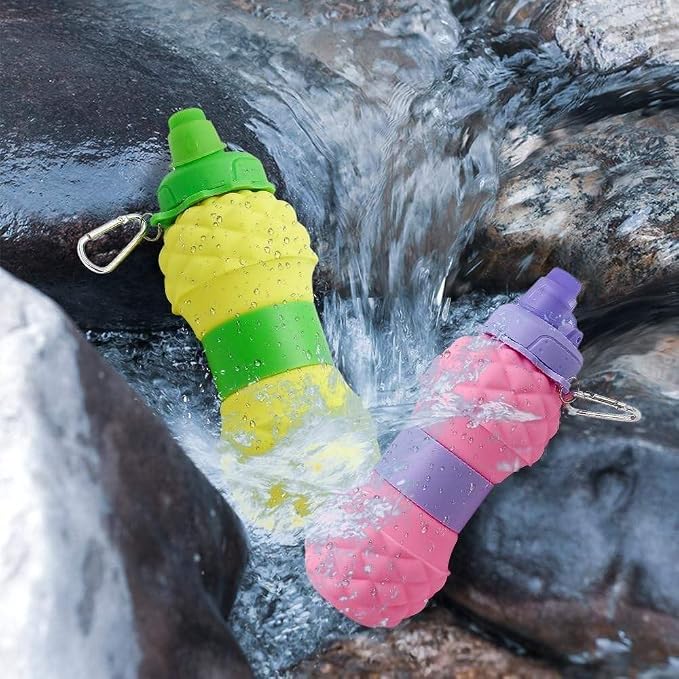 Collapsible Silicone Water Bottle || 600 ML Folding Water Bottle With Straw And Hook || Portable Water Bottle For Hiking, Camping, Sports, Road Trips, Outdoor (Pack Of 1) (Pineapple Shape)