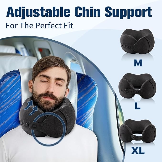 Cirorld Neck Pillow for Traveling, Travel Pillows for Airplanes,100% Pure Memory Foam Travel Neck Pillow, Adjustable Flight Pillow, Portable Plane Accessories with Eye Mask, Earplugs, Carry Bag