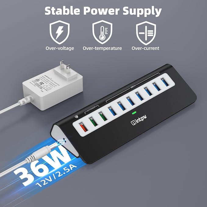 Powered USB Hub 10Gbps, 10 Port USB 3.2 Gen 2 Hub with 7 USB 3.2 Data Ports, 3 Fast Charging Ports, 36W Power Adapter, Type A and Type C Cable, Aluminum USB Hub for Laptop, Mac, PC