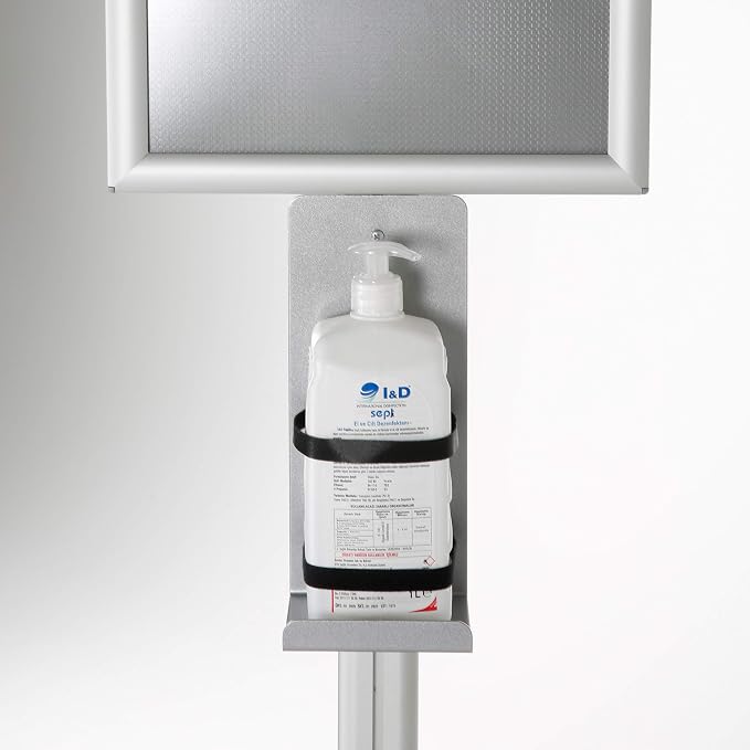 M&T Displays Floor Stand Universal Holder for Liquid/Lotion Soap or Hand Sanitizing Products, Face Mask, Disposable Glove, Facial Tissue with 11x17 Inch Opti Snap Frame Message Sign Post