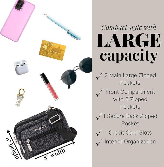 Baggallini Triple Zip Small Crossbody Bag for Women - Lightweight Convertible Fanny Pack Belt Bag