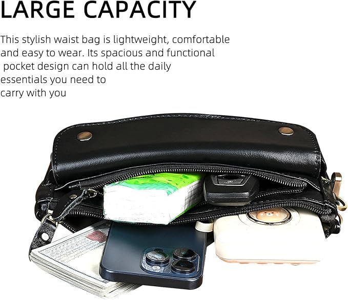 Water Resistant Canvas + Leather Hiking Riding Travel Fanny Waist Pack Small Phone Pouch For Men Women FB811-29 (100% Leather-The 8136 Black)
