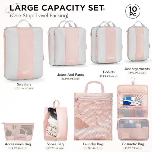 10 Set Compression Packing Cubes for Travel Gifts Mom Women,OlarHike Luggage Clothes Garment Bags for Travelers,Airplane/Cruise/Car Travel Essentials,Compressible Expandable Saver Space Bags(Beige)