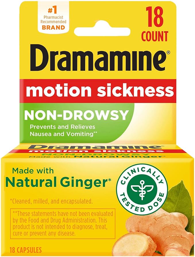 Dramamine Non-Drowsy, Motion Sickness Relief, Made with Natural Ginger, 18 Count & Motion Sickness Relief Less Drowsey Formula, 8 Count