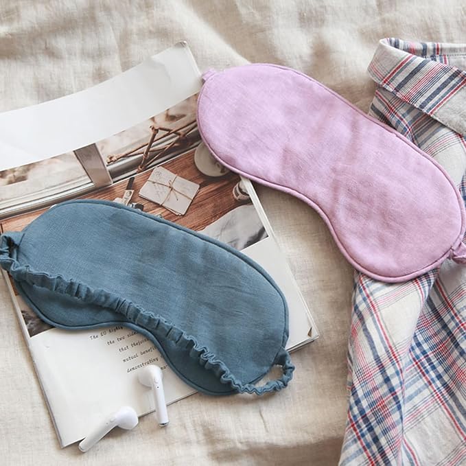 100% Pure Linen Sleep Mask Blackout Eye Mask for Sleeping, Eye Cover with Adjustable Strap - Organic Cotton Core Linen Eyes Mask Breathable for Travel - Gift for Women Men (Purple Gray)