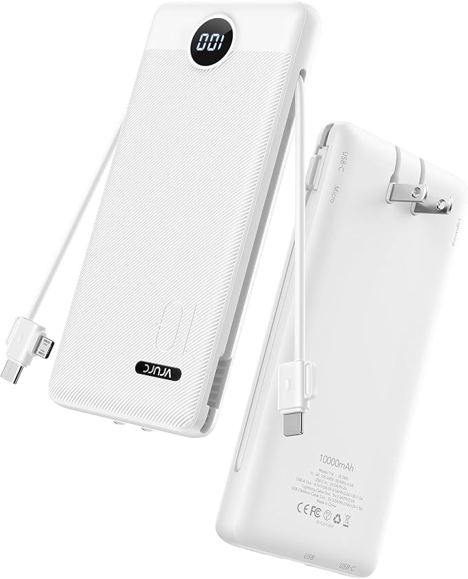 VRURC Portable Charger Power Bank - 10000mAh Fast Charging 22.5W PD 20W Slim Portable Charger Built in Cables,Power Bank with Cords,USB C Portable Phone Charger Travel Accessories -White