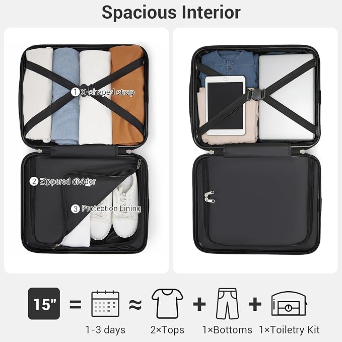 Kono 15'' Underseat Carry On Luggage Airline Approved, Anti-Scratch PC+ABS Hardshell Carry on Suitcase with Smooth Spinner Wheel, Lightweight Overnight Carry on for Short Travel, Grey