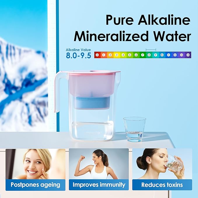 Waterdrop PT-05P-A Alkaline Water Filter Pitcher, 7-Cup, Mineralized Alkaline Water, Healthy, Clean & Toxin-Free, Up to 100 Gallons, Up to pH 9.5, BPA-Free, for Fridge, Countertop & Gift, Pink
