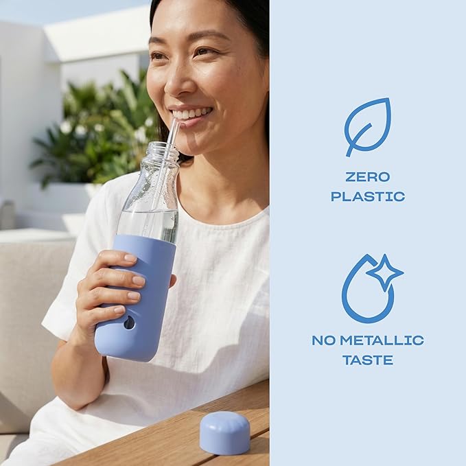 S'well Glass Original Water Bottle With Straw, 18oz, Chambray, Borosilicate Glass Bottle With Collapsible Glass Straw And Silicone Sleeve, Zero Plastic, Leakproof, BPA Free