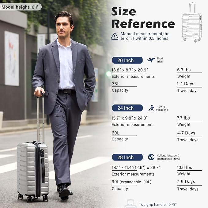 Coolife Carry On Luggage Airline Approved with Wheels Hard Shell Suitcase Spinner TSA Lock Telescopic Handle 20-inch,Silver