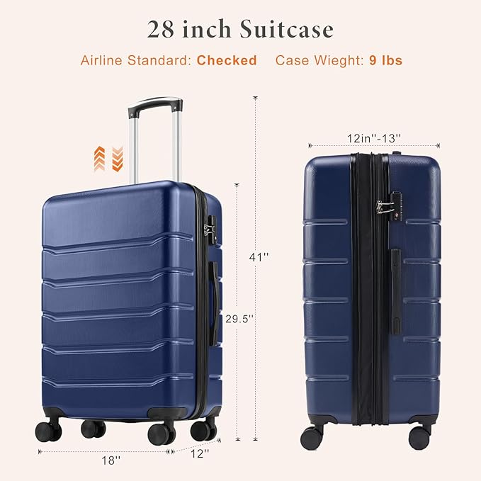 Sweetcrispy 28 Inch Carry On Luggage, ABS Hard Shell Lightweight Rolling Suitcase with Smooth Spinner Wheels and Built-in TSA Lock, Travel Suitcase for Business and Holiday Trips, Navy Blue