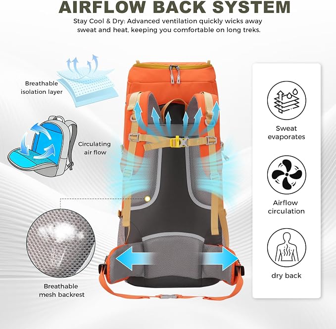 Bseash 65L Waterproof Hiking Camping Backpack with Rain Cover, Outdoor Sport Travel Daypack for Climbing Touring (Orange)