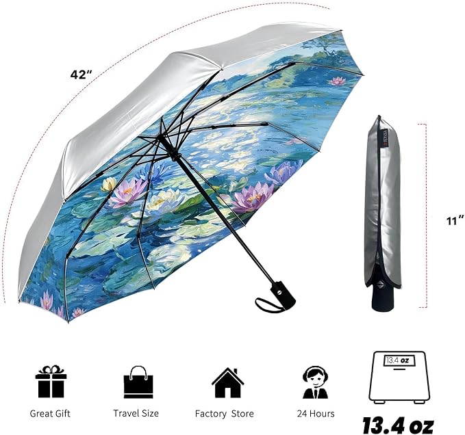 SIEPASA Compact Travel Umbrella - Windproof Auto Open/Close, Small Folding Umbrella for Rain & Sun with UPF50+ - Lightweight Frame, Waterproof - Fits Backpack, Purse, Suitcase.(Silver/Water Lily)