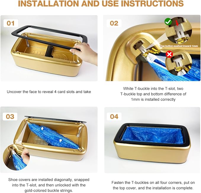 Shoe Cover Dispenser Containing 200pcs Shoe Covers Disposable Non Slip High Quality Automatic Shoe Cover Machine with Disposable Shoe Covers for Indoors for Most Occasion Shoes Size(Gold-black, L)