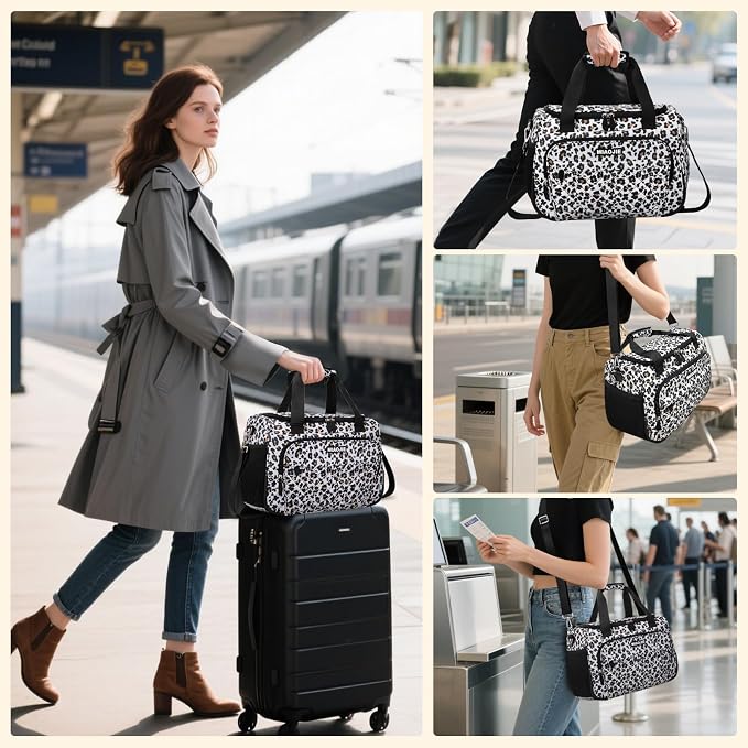 Travel Duffle Bag for Women, Underseat Carry On luggage Bag Foldable Overnight Weekender Hospital Bag Lightweight Airplanes Personal Item Travel Tote Bag for Women Birthday Gifts, 16IN Leopard Print