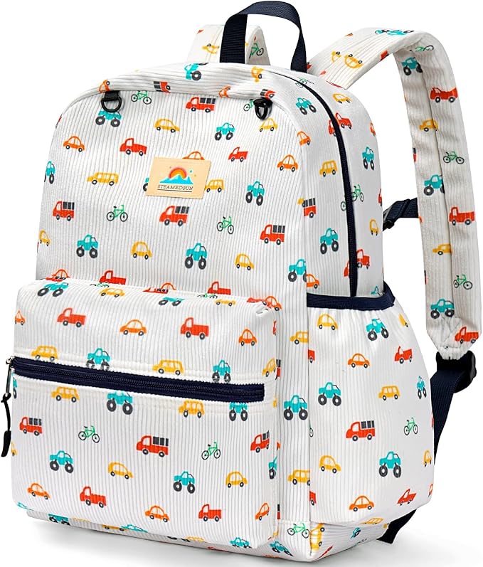 STEAMEDBUN Corduroy Kids Backpack for Boys and Girls 5-8: Boys Backpack for Elementary Kindergarten - 15 inch Cute Backpacks for Kids - Car
