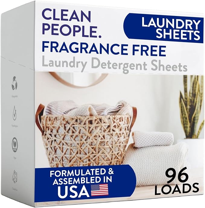 The Clean People Fragrance Free Laundry Detergent Sheets - Laundry Soap - Ultra Concentrated, Recyclable Packaging, Stain Fighting - Fragrance Free, 96 Pack