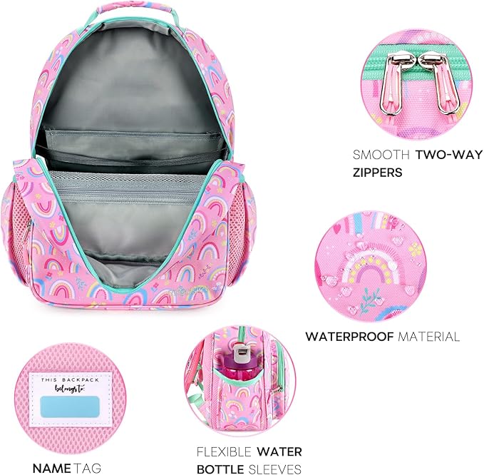 mibasies Girls Backpack: Large Kids Backpack Girls for Elementary School with Laptop Compartment - Rainbow Pink