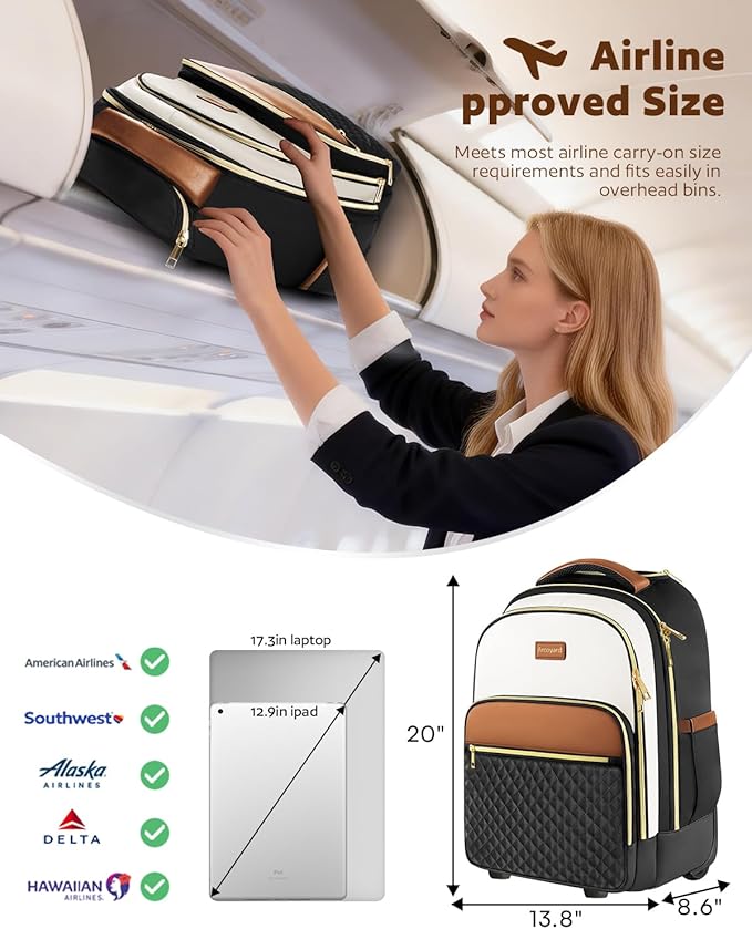Arcoyard Rolling Backpack Carry On Luggage For Adults With Wheels, 40L Wheeled Backpack For Women, Travel Roller Bag, Beige Brown