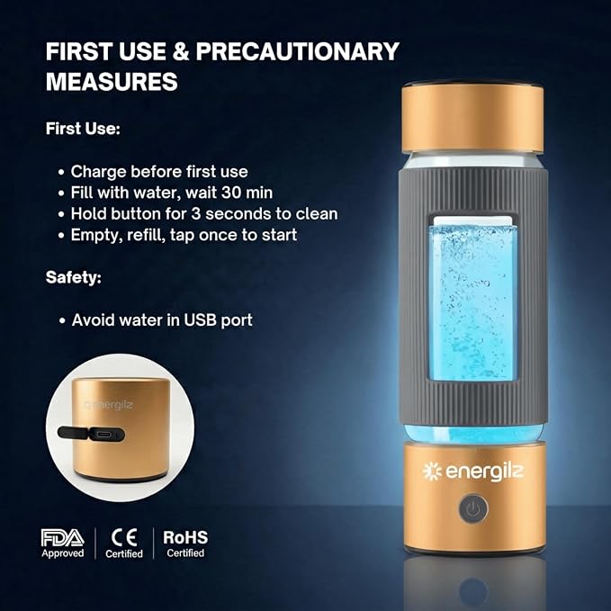 Hydrogen Water Bottle | Large 16.2 oz (480 ml) Hydrogen Water Bottle Generator 3000 ppb | Hydrogenator Machine | SPE/PEM Hydrogenated Ionizer Generator (Golden w/Gray)