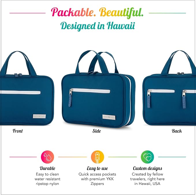 Eco Sun Hanging Travel Toiletry Bag — Designed in Hawaii — Water-Resistant Travel Organizer for Bathroom Accessories (Blue)