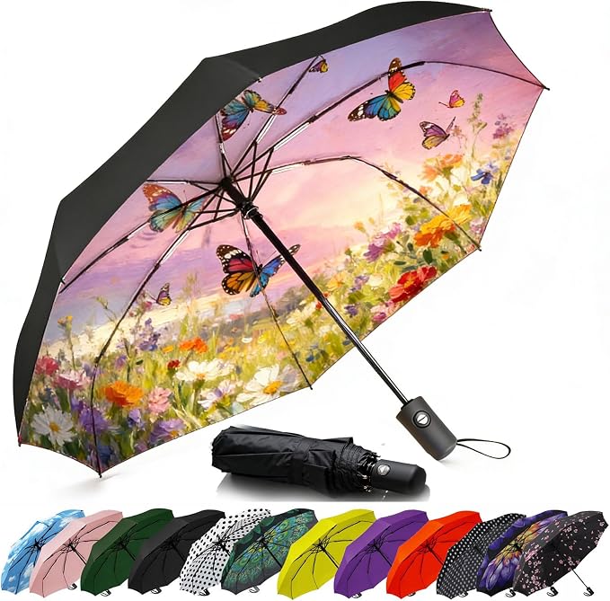 SIEPASA Compact Travel Umbrella - Windproof Auto Open/Close, Small Folding Umbrella for Rain & Sun with UPF50+ - Lightweight Frame, Waterproof - Fits Backpack, Purse, Suitcase.(Garden Butterfly)