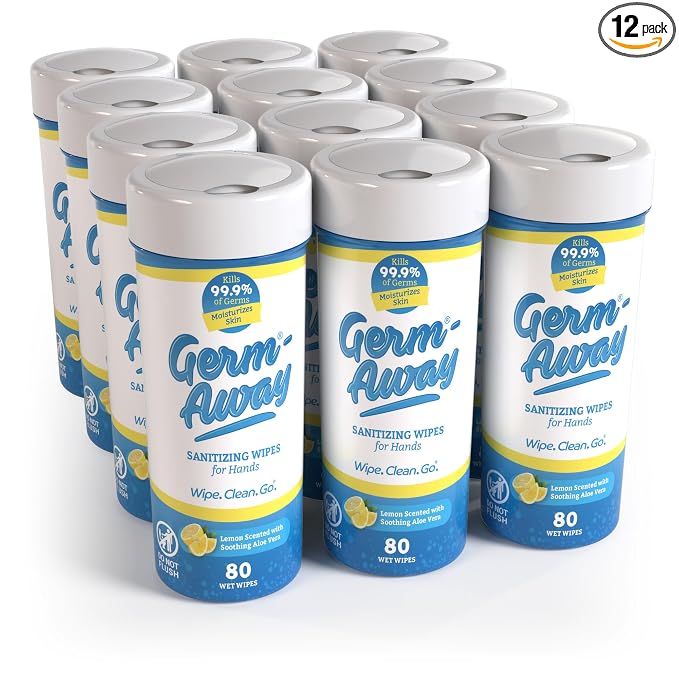 Hand Antibacterial Wipes - Hand Sanitizing Wipes for Kids & Adults, Travel, Home or Office - Lemon Scent, 80 Count (Pack of 12)