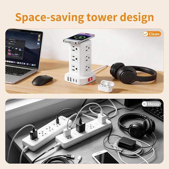 Extension Cord with Multiple Outlets, SMALLRT Surge Protector Power Strip Tower, Outlet Extender with 12 AC Outlets 4 USB, 6.5FT Extension Cord for Home Dorm Room, Office Supplies,Overload Protection