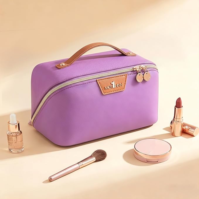 Travel Makeup Bag for Women: 3-in-1 Large Capacity Cosmetics Organizer with 2 Detachable Pouch - Vegan Leather Flat Open Toiletry Bag - Travel Essentials for Full-Sized Bottles(01-Purple)