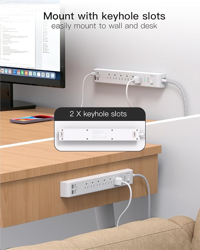 2 Pack Power Strip 15FT, Surge Protector with 6 Outlets and 4 USB Ports (2 USB C), Flat Plug Overload Protection, Extension Cord with Multiple Outlets, Wall Mount for Home Dorm College