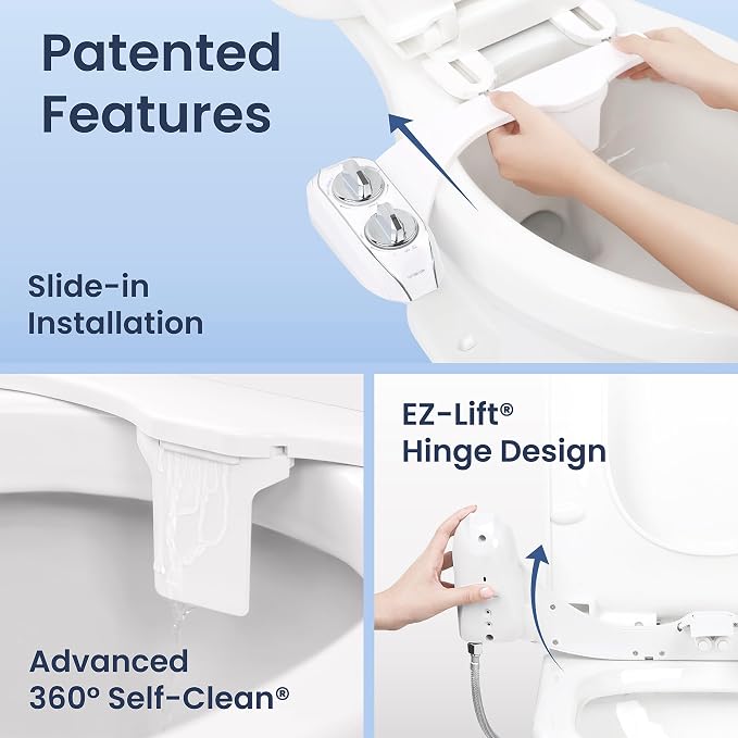 LUXE Bidet NEO 185 Plus - Dual Nozzle, Non-Electric Bidet Attachment for Toilet Seat, Patented Slide-In Install, 360° Self-Clean, EZ-Lift to Clean, Feminine & Rear Wash (White)