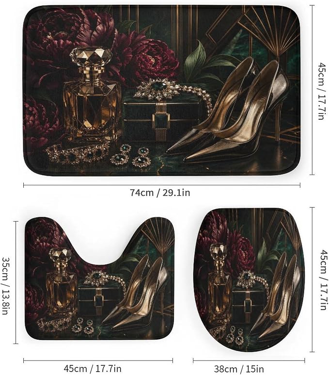 Luxury Perfume Jewelry and Heels Bathroom Rug Set 4 Piece with Shower Curtain Non Slip Bath Mat Set Microfiber Bathroom Decor Toilet Lid Cover U Shape Rug Waterproof Bathroom Accessories