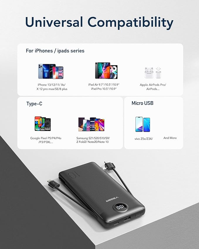 VEGER Portable Charger Power Bank with Built-in AC Plug and Cables, All in One 10000mAh Ultra Slim Travel Essentials, Fast Charging Battery Pack Compatible with iPhone, Samsung, Android, Black