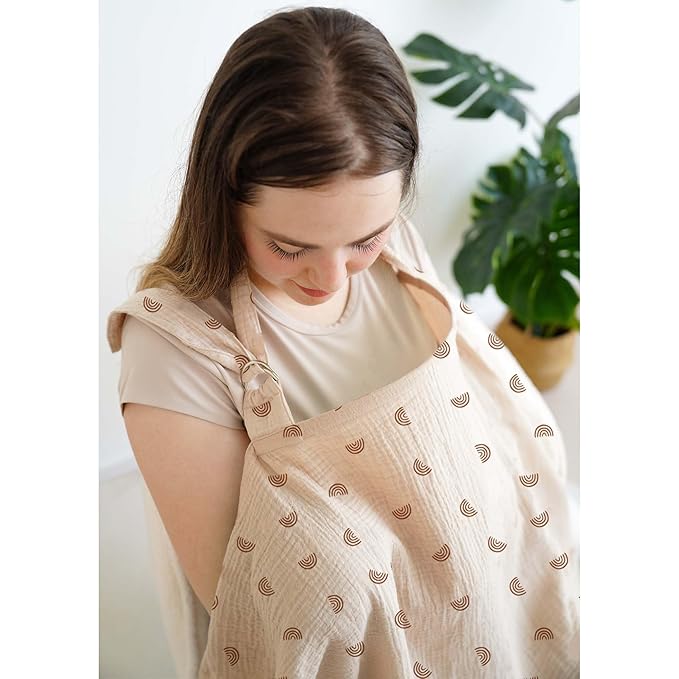 MairMore Muslin Nursing Covers for Breastfeeding, Privacy Breast Feeding Cover with Arch Neckline for Mom and Baby, Breathable 100% Cotton Nursing Apron Multi-use Stroller Cover