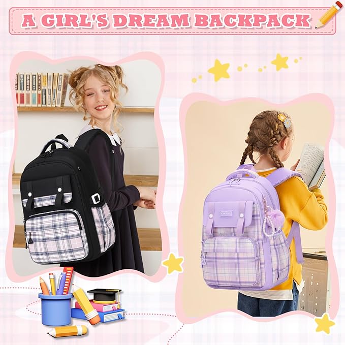 MUSEVOS Girls Backpack, Elementary Middle School Backpack, Large Capacity Kids Bookbag