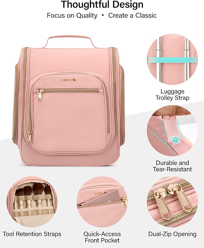 Hanke Hanging Travel Toiletry Bag for Men and Women, Water-Resistant Toiletries Bag Makeup Organizer with Hook, Cosmetic Bag for Bathroom & Travel Essentials Accessories, Pink