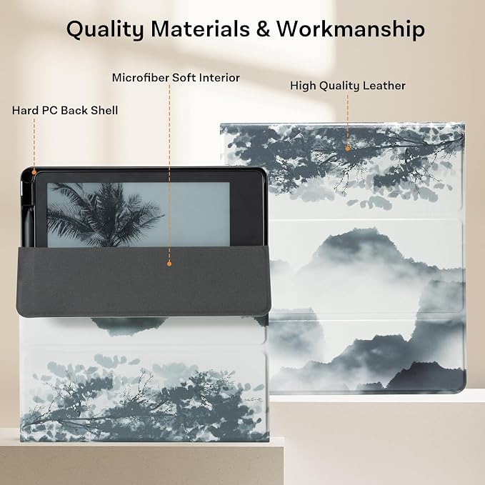 CoBak Case for E-Reader - All New PU Leather Cover with Auto Sleep Wake Feature for Tablet Reader 10.2" 2022 & 2024 Released with Pen Holder (not Compatible with Remarkable),Ink Painting