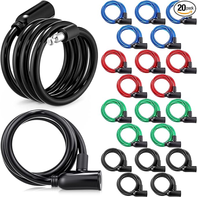 Yexiya 20 Pcs Bike Locks Bulk, Each Anti Theft Bicycle Lock Cable with 2 Keys, 3.4 FT Long Bike Cable Lock for Protecting Bicycle, Electric Scooter, Motorcycle, Scooter, Fence, Toolbox, 4 Colors