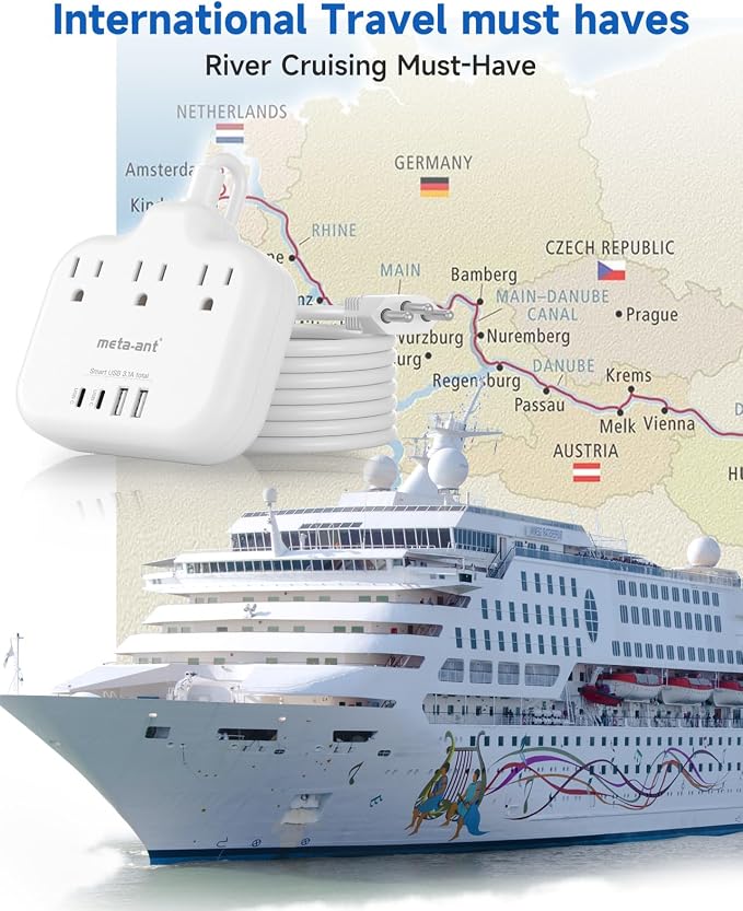 Switzerland Travel Plug Adapter with 5FT Extension Cord, meta-ant Type J Adapter with 3 Outlets 4 USB Ports(2 USB-C), Switzerland Power Adapter for US to Swiss Switzerland Liechtenstein Rwanda