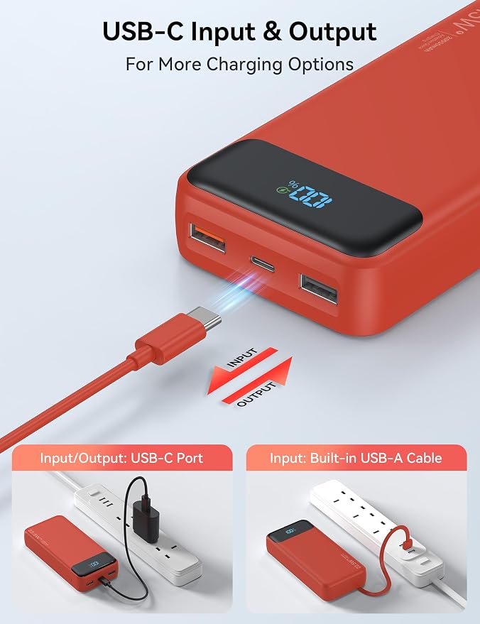 Nusyddy Portable Charger 20000mAh 22.5W w/4 Built-in Cables/6 Outputs Red | High capacity, Fast Charge, LED Display, Pass Through Charging, Charge 6 Devices at once, TSA Approved, Fits iPhone, Samsung