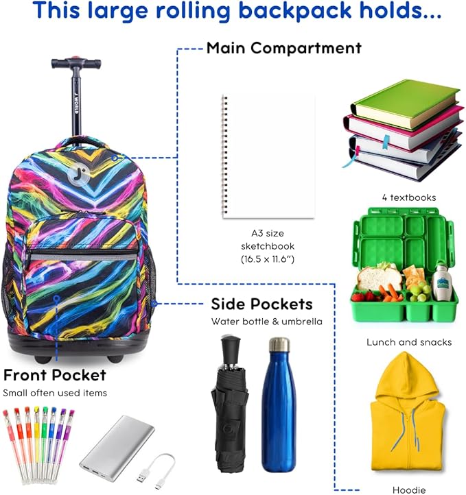 J World Sunrise Kids Rolling Backpack for Girls Boys. Roller Bookbag With Wheels For School, Quantum