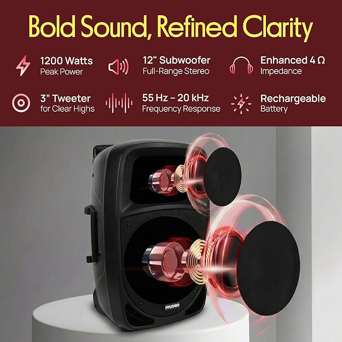 1200W Portable Bluetooth PA Speaker - 12’’ Subwoofer, LED Battery Indicator Lights w/Built-in Rechargeable Battery, MP3/USB/SD Card Reader, and UHF Wireless Microphone - Pyle PSBT125A