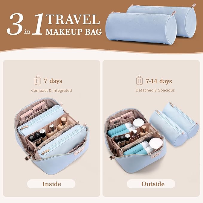 Travel Makeup Bag for Women: 3-in-1 Large Capacity Cosmetics Organizer with 2 Detachable Pouch - Vegan Leather Flat Open Toiletry Bag - Travel Essentials for Full-Sized Bottles(Light Blue)