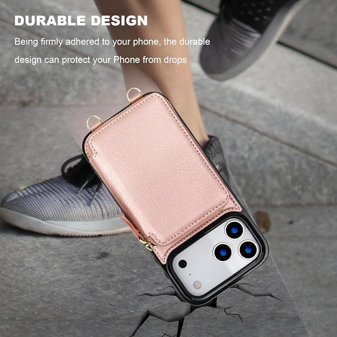 Bocasal for MagSafe Crossbody Wallet Case Compatible with iPhone 17 Pro Max, RFID Blocking Protective Purse Case with Card Slots Holder Kickstand Wrist Strap Lanyard Zipper 6.9 Inch 5G (Rose Gold)