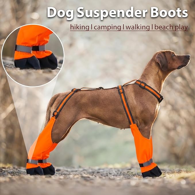 Dog Suspenders Boots, Winter Snow Shoes for Medium Dogs, Waterproof Dog Boots for Rain Mud, Anti-Slip Stay-On for Active Dogs, Adjustable Reflective Paw Protector for Walking Hiking, M Orange